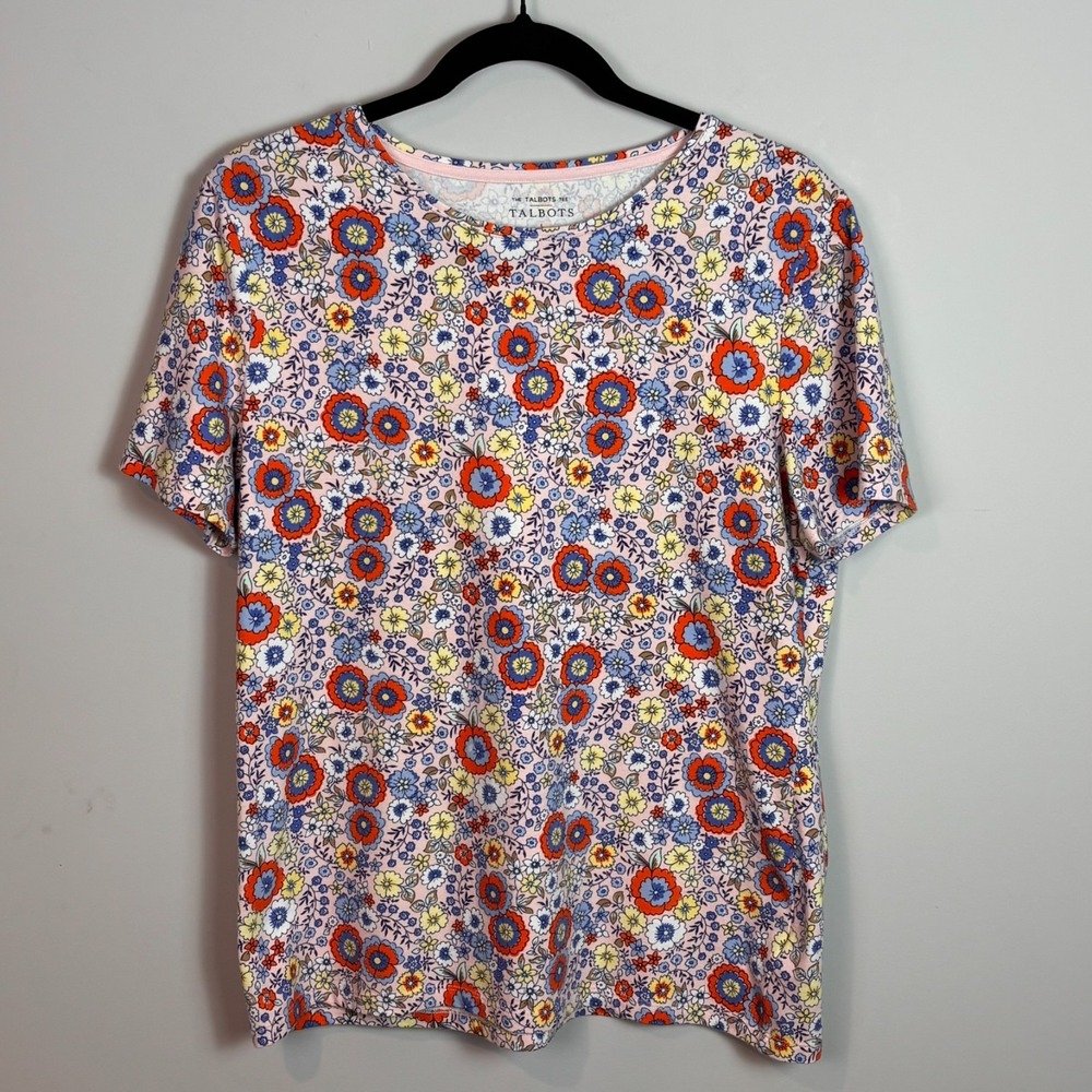 The Talbots Tee Womens Pink Floral Cotton Blend Short Sleeve Tee size LG Stretch